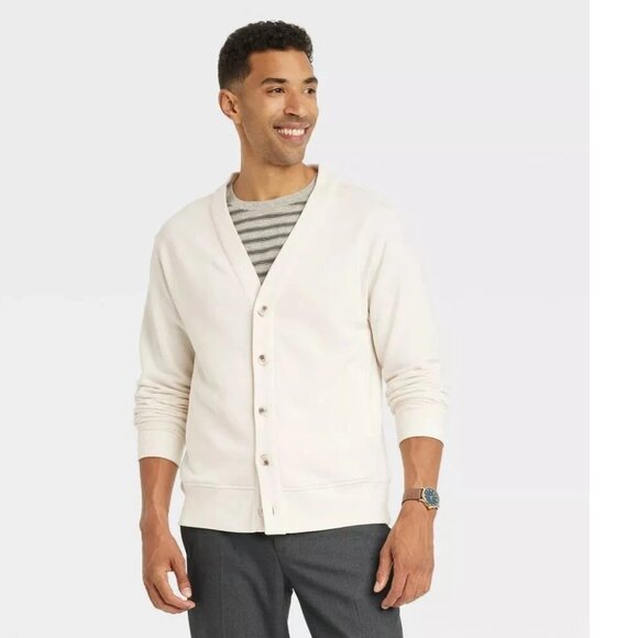 Goodfellow & Co Men's French Terry Cotton Cardigan V-Neck Button-Down, Ivory, M - Picture 1 of 4